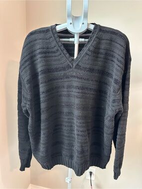 Canali Italy Black V-Neck Sweater Mens XL Wool Blend Striped Knit GUC Luxury